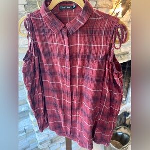 Women’s Top Cotton Plaid Doe & Rae Cold Shoulder Long Sleeve Collared Medium New